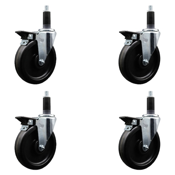 6'' Phenolic Swivel 1-1/8'' Expanding Stem Caster Set with Brake, 4PK